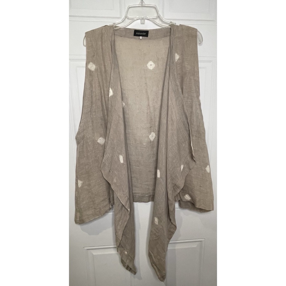Eskandar Women's Size 1 Bone Ivory Shibori Linen Flowing Open Vest Lagenlook